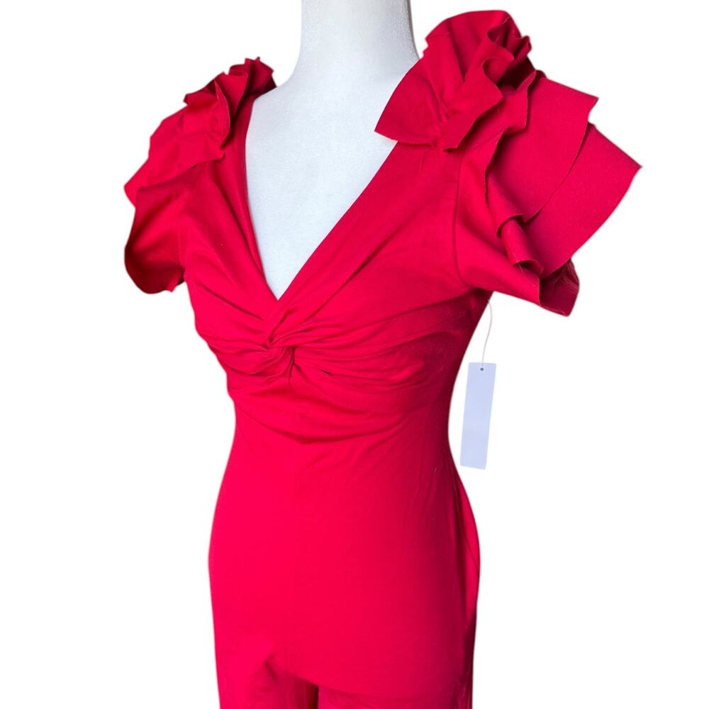 Venus Red Jumpsuit Womens Size 4 Ruffle Sleeve Wide Leg V Neck Formal Party NWT - Picture 6 of 12